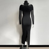 High-neck evening dress long mesh patchwork dress