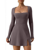 Women's Square Neck Bustier Long Sleeve Slit Flare Mini Dress