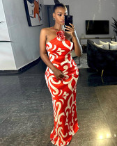 Fashionable printed sexy sleeveless halterneck three-dimensional flower-decorated evening dress