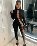 Stand collar tight solid color metallic circle long sleeve jumpsuit