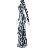 Fashion striped printed tight stand-up collar sexy backless long-sleeved jumpsuit