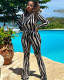 Fashion striped printed tight stand-up collar sexy backless long-sleeved jumpsuit