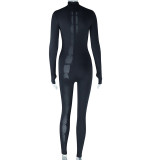 Stand collar tight solid color metallic circle long sleeve jumpsuit