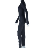 Stand collar tight solid color metallic circle long sleeve jumpsuit