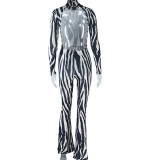 Fashion striped printed tight stand-up collar sexy backless long-sleeved jumpsuit
