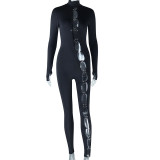 Stand collar tight solid color metallic circle long sleeve jumpsuit