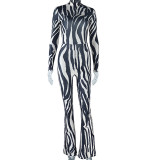 Fashion striped printed tight stand-up collar sexy backless long-sleeved jumpsuit