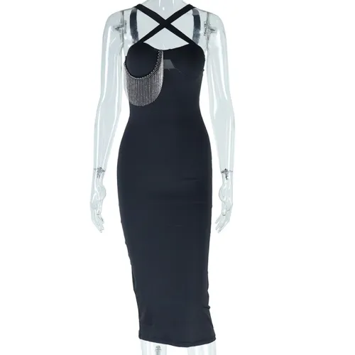 Cross suspender pullover metal beaded sexy dress