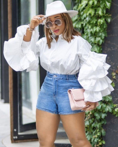 African fashion multi-layered ruffles bubble slim fit women's blouse