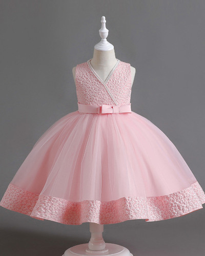 Children's jacquard pearl dress flower girl wedding dress lace tutu skirt host piano performance skirt