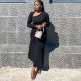 Tight fit, slope neck, long sleeves, shirred mid-length solid color dress