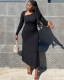 Tight fit, slope neck, long sleeves, shirred mid-length solid color dress