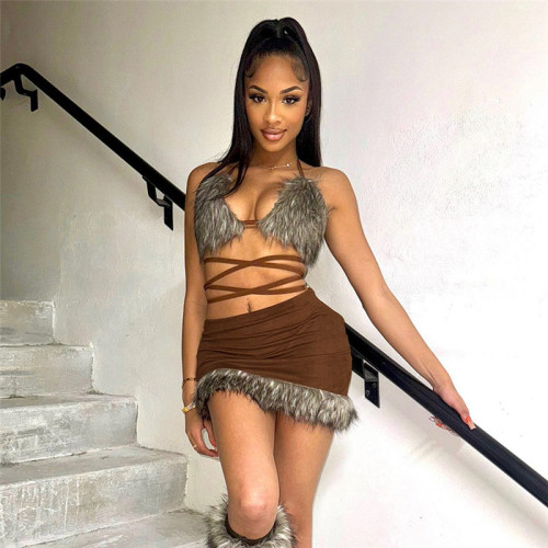 Winter plush stitching halterneck strappy sexy short skirt set