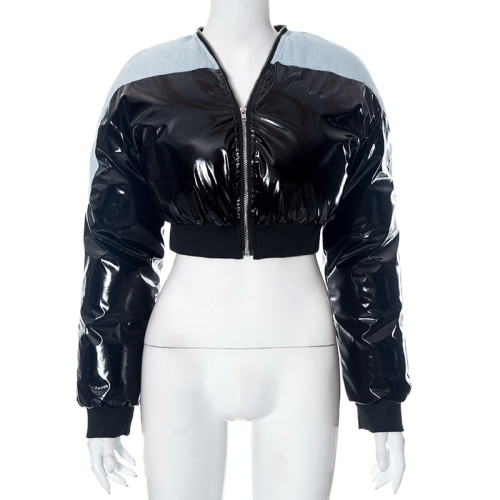 Women Winter Patchwork Pu Leather Long Sleeve Cropped Puffed Jacket