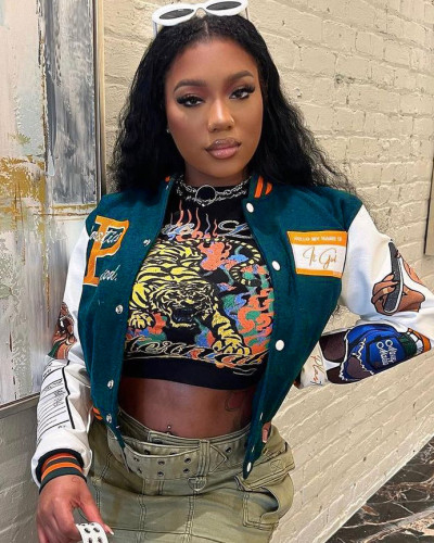 Women Fashion Thick Print Embroidered Baseball Jacket