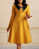 Fashionable solid color women's long-sleeved lapel elegant slimming swing African dress