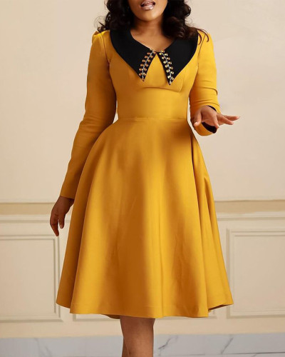 Fashionable solid color women's long-sleeved lapel elegant slimming swing African dress