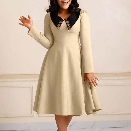Fashionable solid color women's long-sleeved lapel elegant slimming swing African dress