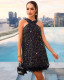 Loose sleeveless halter neck sequined feather party A-line dress