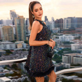 Loose sleeveless halter neck sequined feather party A-line dress