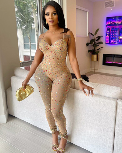 Women's Solid Color Mesh Diamond Sleeveless Jumpsuit