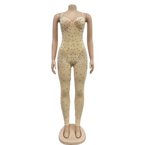 Women's Solid Color Mesh Diamond Sleeveless Jumpsuit