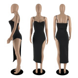 Sexy suspender solid color slim slit dress for women