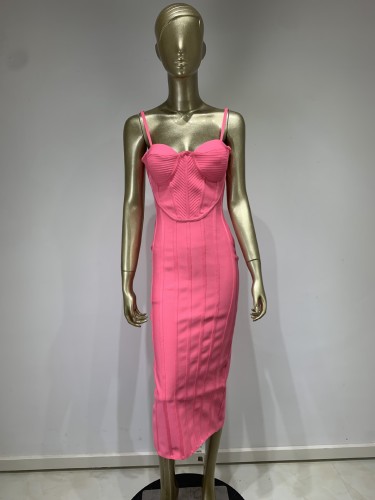 Pink bandage dress fashionable suspender tight long dress