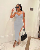 Sexy suspender solid color slim slit dress for women