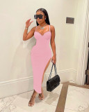 Sexy suspender solid color slim slit dress for women