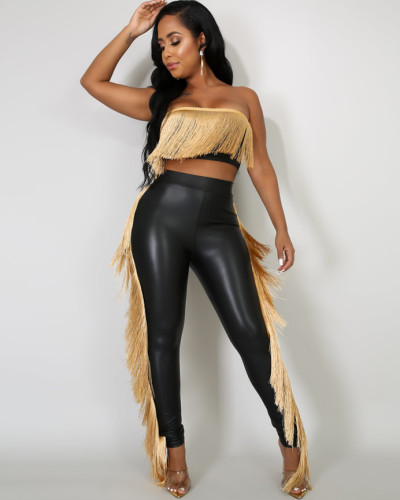 Sexy tassel slim-fit trousers tube top two-piece nightclub outfit
