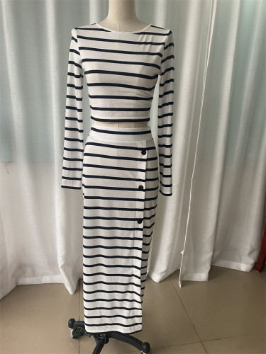 Stylish classic black and white striped long-sleeved cropped top buttoned skirt set