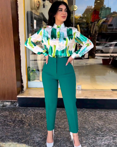 Commuting women's long-sleeved blouse high-waisted nine-point pants set