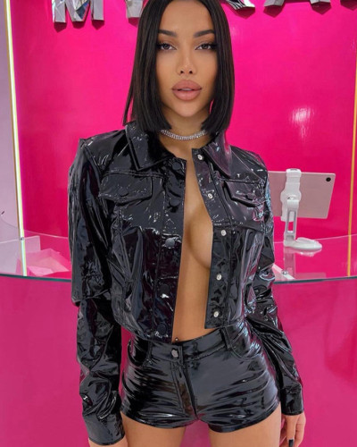 Autumn winter lapel PU long-sleeved women's single-breasted leather jacket