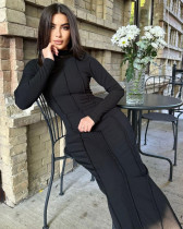 Fashionable solid color tight-fitting long-sleeved elegant knitted dress for women