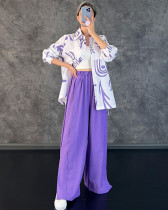 Casual long-sleeved printed shirt high waist slit wide leg pants set