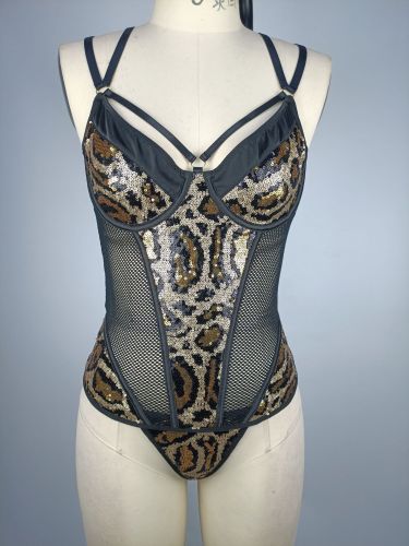 Leopard print sequin sexy lingerie set