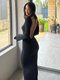 Sexy backless women's ruffled long-sleeved knitted maxi dress