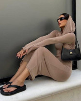 Fashionable knitted hooded hip-hugging tight dress for women