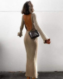 Sexy backless women's ruffled long-sleeved knitted maxi dress