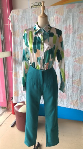Commuting women's long-sleeved blouse high-waisted nine-point pants set
