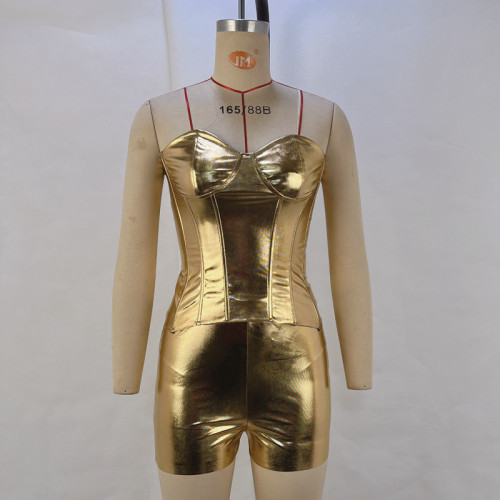 Faux leather metallic color tube top shorts two-piece set for women