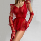 Sexy mesh bodysuit, tutu, gloves, three-piece sexy lingerie set