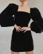 Square neck black puff sleeve long sleeve gold velvet dress