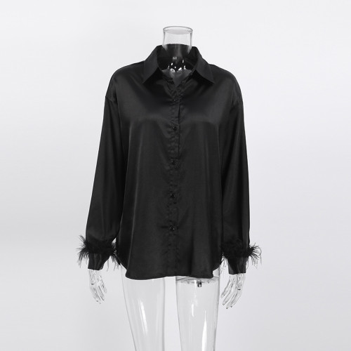 Fashionable Casual Blouse Women's Feather Spliced Shirt