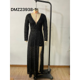 Elegant deep V mesh sequined long sleeve evening dress