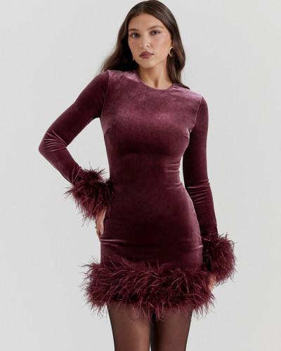 Winter long-sleeved furry cuffs velvet dress