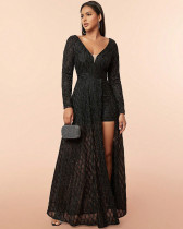 Elegant deep V mesh sequined long sleeve evening dress