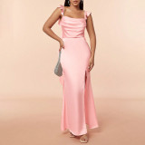 Sexy and stylish gathered tasseled satin sleeveless long evening dress