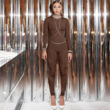 Winter Fashion Diamond Slim Back Zipper Round Neck Long Sleeve Jumpsuit